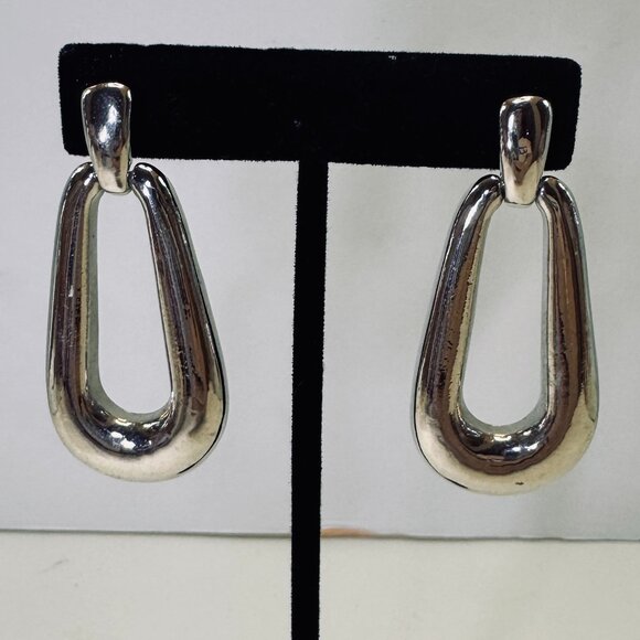 Silver Tone Statement Earrings Metal Dangling Pierced Large - Picture 1 of 5
